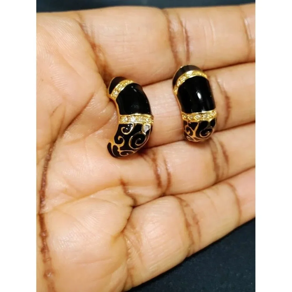 Vintage Camrose & Kross JBK Black Enameled Gold Plated Crystal Earrings Women's - Picture 7 of 8